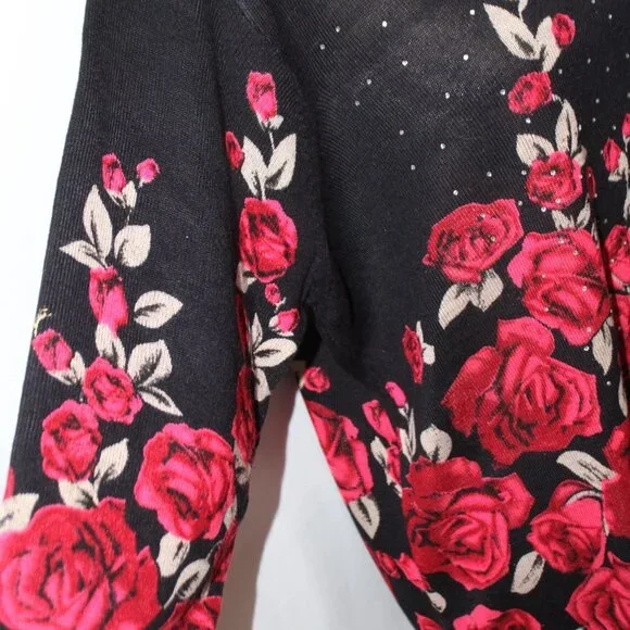 Rebecca Malone Woman Red and Tan Roses on a Black Crew Neck Sweater - Picture 3 of 14